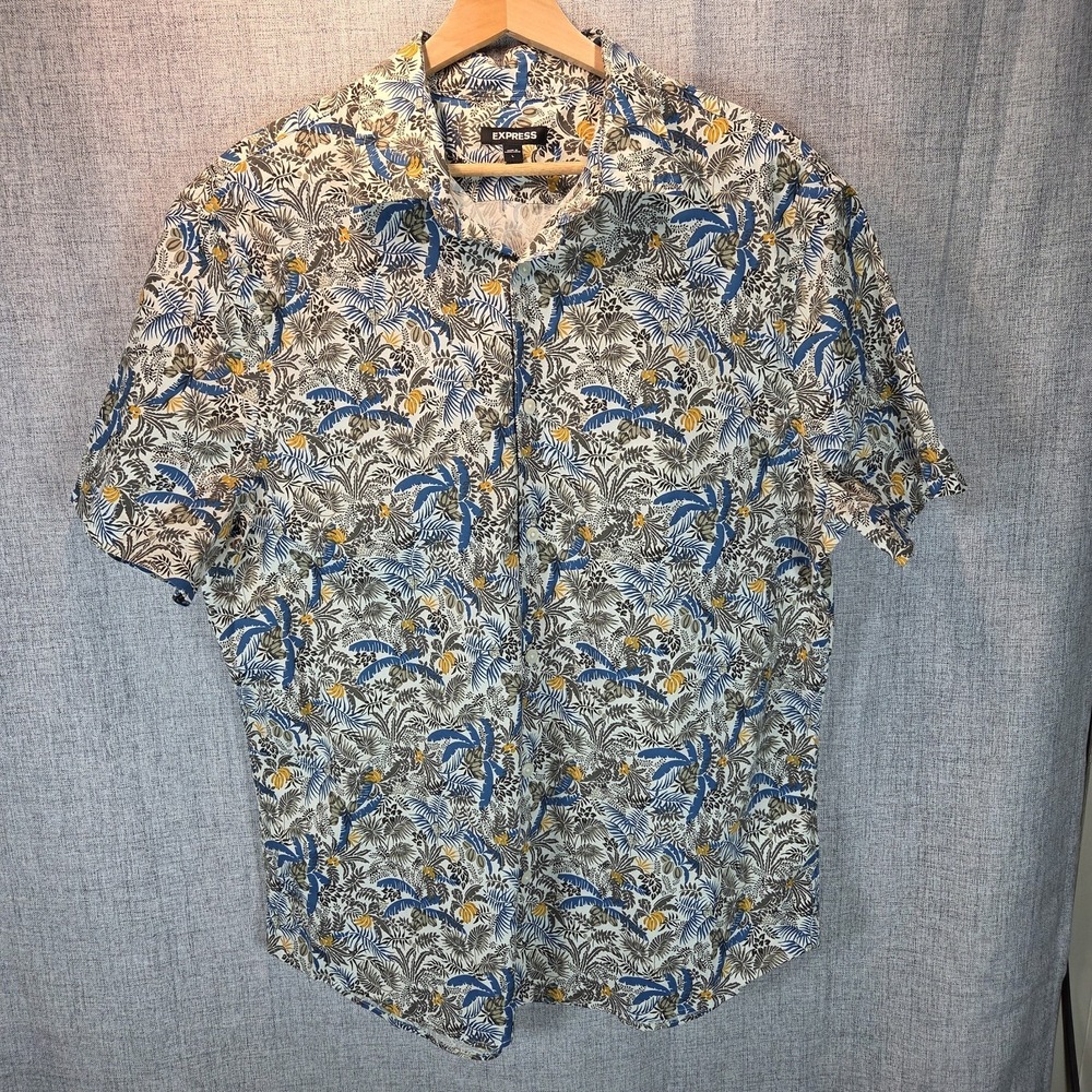 Express Tropical Palm Leaf Banana Print Button Down Shirt White Blue Large Beach